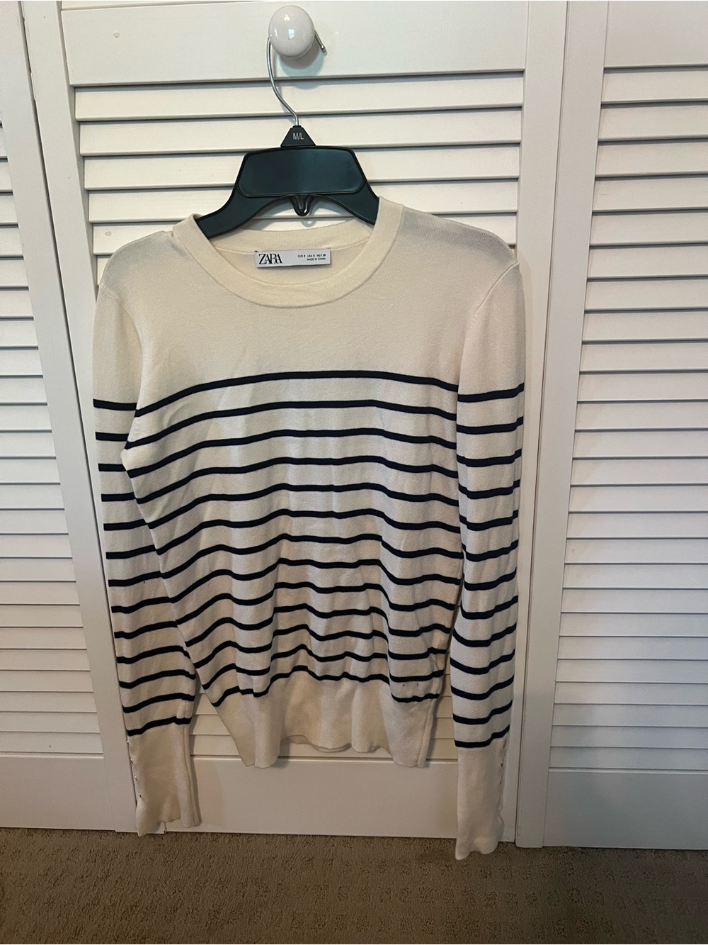 Zara Cream Crewneck Sweater with Black Stripes